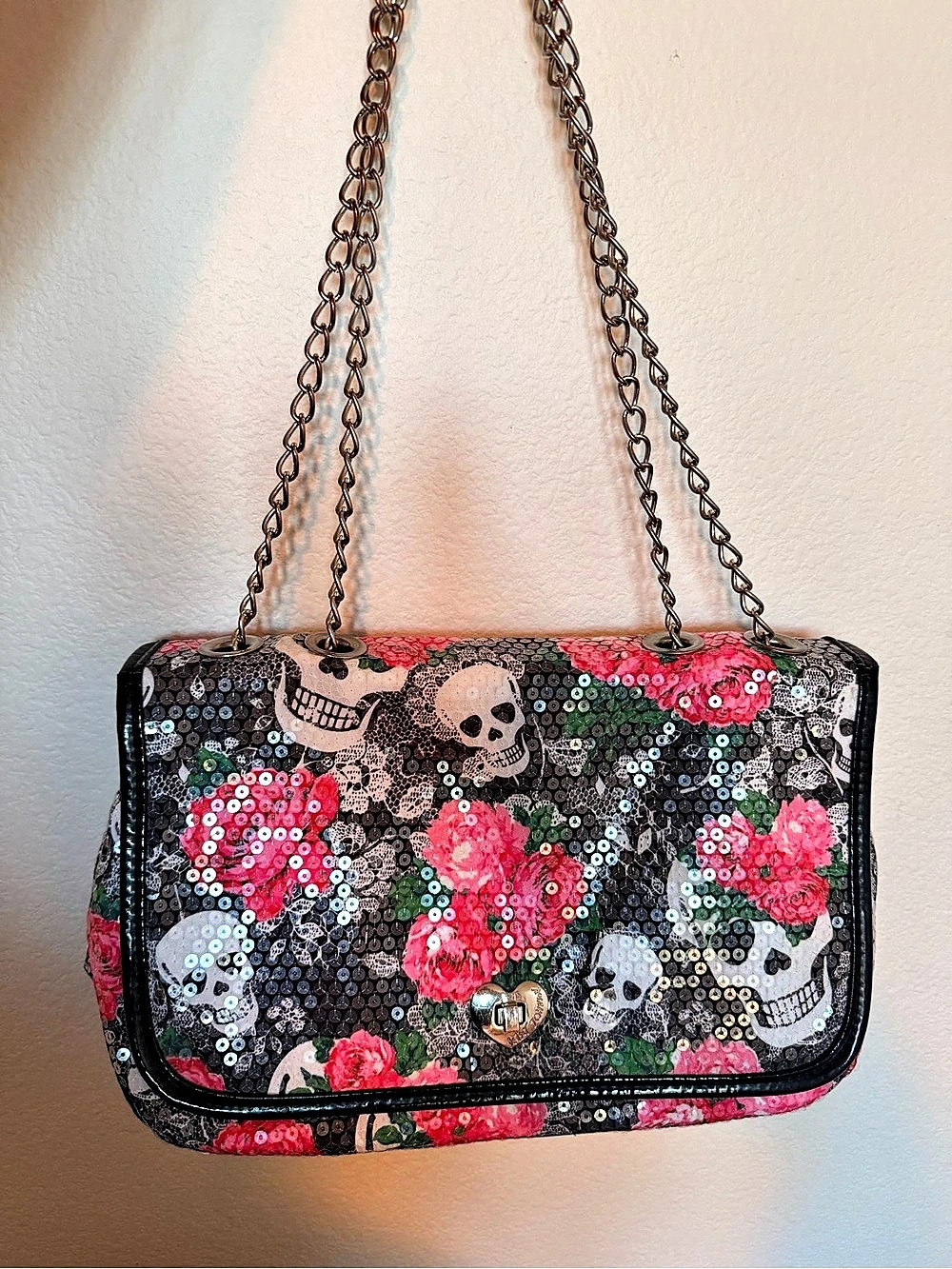 Betsey Johnson Sequin Floral Skull Shoulder Bag in Black & Pink